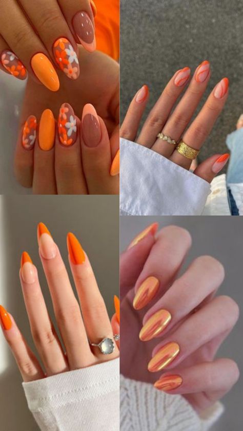 Orange Nail Inspiration, Nails Two Tone, Nail Art Orange, Bright Orange Nails, Pop Nails, Daisy Acrylic Nails, Orange Nail Designs, Peach Tones, Orange Nail