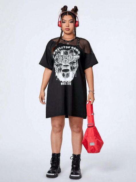 SHEIN Coolane Plus Size Loose Fishing Net Splice Drum Print Oversized T-Shirt Dress For Music FestivalI discovered amazing products on SHEIN.com, come check them out! Halloween Letters, Oversized T Shirt Dress, Look Plus Size, Fishing Net, Festival Looks, Oversized T Shirt, Look Plus, Amazing Products, Oversized Tshirt