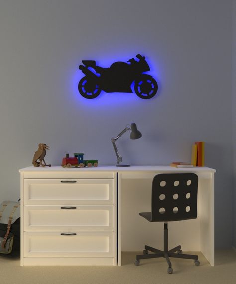 Motorcycle Room Decor, Motorcycle Home Decor, Motorbike Bedroom, Motorcycle Bedroom, Motorcycle Room, Bike Decor, Blue Motorcycle, Bike Room, Stylish Bedroom Design