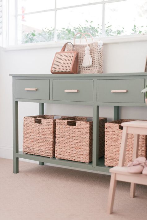 Sage Green Entryway Table, Painted Table Ideas Colors, Sage Console Table, Sage Green Console Table, Sage Buffet Cabinet, Best Sage Green Paint Colors For Furniture, Sage Green Entry Table, Sage Green End Table, Diy Sage Green Dresser