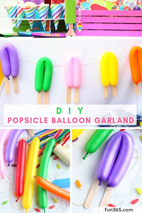 Create this DIY popsicle balloon garland to add color to a fun summer party! Easy and fast to create with just a few simple steps. Popsicle Balloon Arch, Popsicle Birthday Party Ideas, Popsicle Garland Diy, Popsicle Balloon Garland, Popsicle Balloon, Summer Balloon Garland, Summer Bday Party Ideas, Popsicle Birthday Party, Popsicle Stand