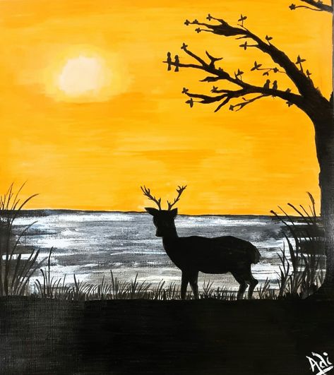 Acrylic Painting For Kids, Orange Sunset, Deer Hunters, Kinds Of Art, Sunset Painting, Painting For Kids, Easy Paintings, Elk, Moose Art