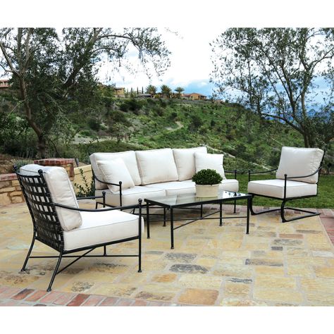 Sunset West Provence Wrought Iron 4 Piece Patio Conversation Set with Sunbrella Cushions Wrought Iron Outdoor Furniture, Resin Patio Furniture, Iron Patio Furniture, Wrought Iron Patio Furniture, Backyard Furniture, Best Outdoor Furniture, Patio Lounge, Casas Coloniales, Iron Furniture