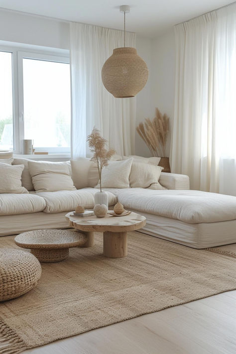 Modern Boho Apartment Decor, Serene Apartment Aesthetic, Modern Boho Minimalist Living Room, Tulum Decor Inspiration Living Room, Minimalist Chic Living Room, Big White Living Room, Cozy Lounge Room Ideas, Boho Decorations Living Room, White Sofas Living Room Ideas