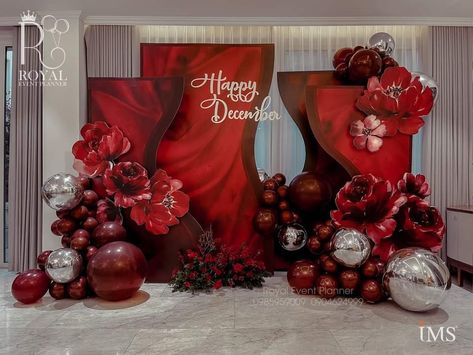 #event #party #love #backdrop #HiBabi #IMS Christmas Party Backdrop, Bridal Shower Balloons, Red Backdrop, Garland Backdrops, Wedding Stage Design, Dream Wedding Decorations, Wedding Backdrop Design, Happy December, Elegant Birthday