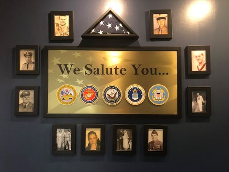 Wall Of Honor For Veterans, Veteran Wall Of Honor Ideas, Veterans Wall Of Honor Ideas, Military Office Decor Ideas, Wall Of Honor Ideas, Military Wall Decor Ideas, Accomplishment Wall, Nursing Home Decorating Ideas, Military Office Decor