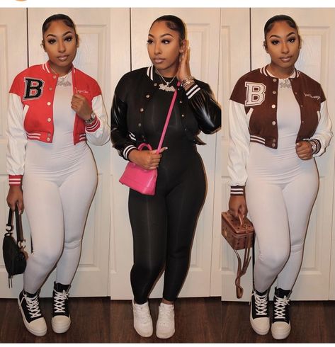 Black Women Varsity Jacket Outfit, Cute Outfits With Varsity Jackets, Letterman Jacket Outfit, Varsity Jacket Outfit, Cute Outfits With Shorts, Varsity Jacket Women, Plus Size Winter Outfits, Jacket Outfit Women, Fall Trends Outfits