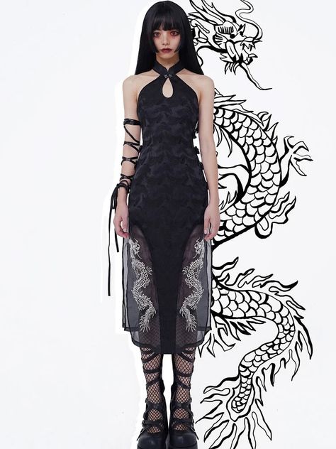 Cyberpunk Dress, Qipao Pattern, Skating Costume, Dragons Clothes, Japan Outfit, Image Swag, Dragon Print, Fashion Illustration Dresses, Butterfly Dress