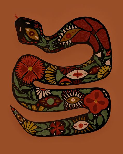 Floral Snake by Tyler Granneman on Dribbble Mexican Snake Art, Aztec Snake, Snake With Flowers, Floral Snake, Snake Graphic, Colorful Snakes, Snake Art, Snake Design, Graphic Elements