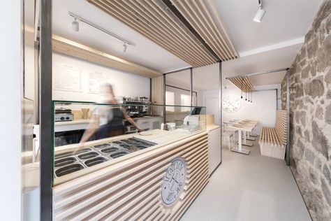 Le Crêpe da Pía by Erbalunga estudio, Galicia, Spain » Retail Design Blog Exposed Ceiling Lighting, Crepe Store, Creperia Ideas, Soup Bar Ideas, Cafe Kitchen Design, Crepe Station, Crepe Cafe, Crepe Shop, Spa Cafe