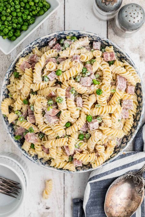 Overhead shot of a bowl of Ruby Tuesday Ham and Pea Pasta Salad. Pea Pasta Salad Recipes, Ham And Pea Pasta Salad, Pasta Salad With Peas, Pea Pasta Salad, Ham Pasta Salad, Salad With Peas, Pea Pasta, Ruby Tuesday, Pasta Salad Recipe