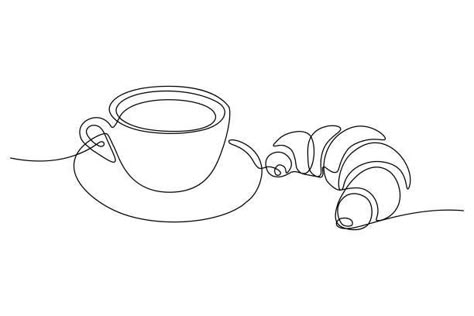 Coffee And Croissant Illustration, Croissant Line Drawing, Coffee Line Art Illustrations, Croissant Line Art, Croissant Sketch, Cafe Line Art, Food Line Drawing, Croissant Tattoo, Coffee Line Art