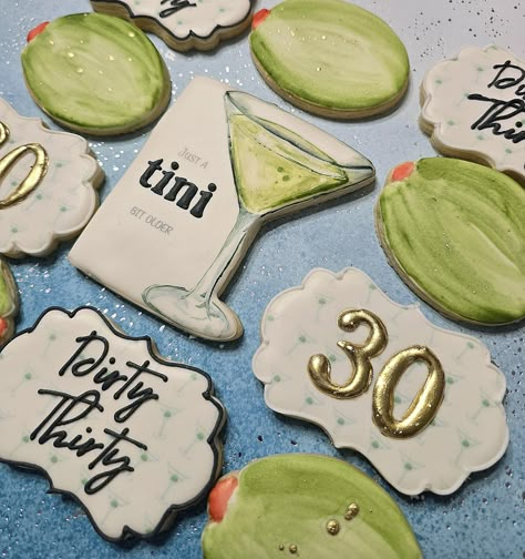 Are you getting just a "tini" bit older this year? Celebrating a milestone birthday? These cookies will be a perfect highlight, party favor or centerpiece for your event. Please include date and any personalization requests in the personalization section each dozen will include (4) Martini "just a tini bit older (4) Handpainted olives and (4) plaques with number or saying 30th Dinner Party, A Toni Bit Older Party, Just A Tiny Bit Older, Olive Themed Party, 30th Bday Themes For Women, Martini Cookies, Toni Bit Older Party, A Tiny Bit Older Theme, 30 Birthday Themes