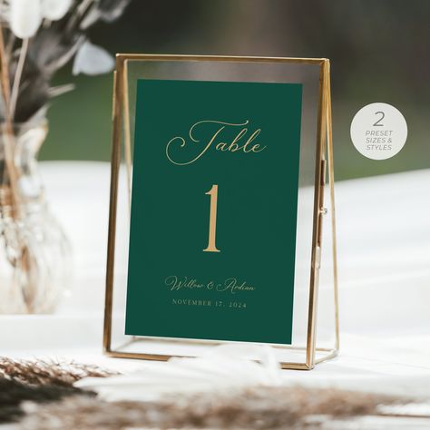 Emerald Green Table Number Card Template, Emerald Wedding Table Signs, Forest Green Table Sign, Elegant, Calligraphy | DIGITAL DOWNLOAD Emerald Wedding Table, Emerald Green Table, Forest Green Wedding, Wedding Table Signs, Wedding Seating Cards, Table Number Card, Emerald Green Weddings, Gold Wedding Theme, Signing Table Wedding