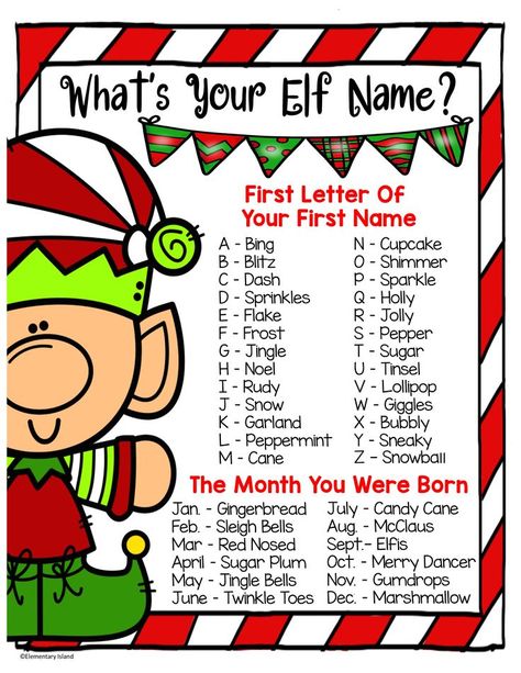 FREEBIE This is such a fun Christmas activity to do in your classroom!  Students love to find out their elf names!  Use this printable for kids to find out their elf name!  Students will then write their new name on the provided elf name plate and decorate. A lot of fun for elementary students! #elementaryisland #christmasactivitiesforkids Christmas Eyfs, Christmas Elf Names, Whats Your Elf Name, Ag Classroom, Garden Classroom, Elf Writing, Perfect Classroom, Xmas Games, Elf Names