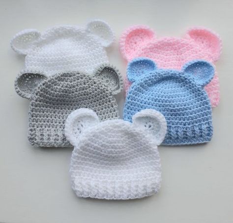 Crochet Preemie Hats, Crochet Baby Hats Free Pattern, Modern Haken, Baby Hat Free Pattern, Crochet Baby Cap, Newborn Pattern, Easy Beginner Crochet Patterns, Ears Hat, Preemie Hats