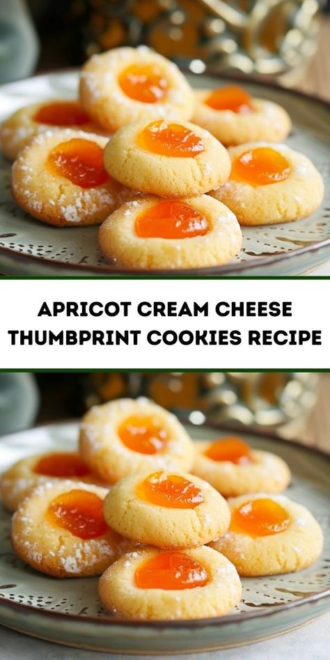 Need cookie ideas? This Apricot Cream Cheese Cookies Recipe is a must-try! Perfect for easy cookie recipes, it’s a delightful dessert idea for any occasion. Apricot Cookies Recipe, Apricot Cookies, Cheese Cookies Recipe, Cream Cheese Cookie Recipe, Thumbprint Cookies Recipe, Cheese Cookies, Cream Cheese Cookies, Apricot Jam, Delish Recipes