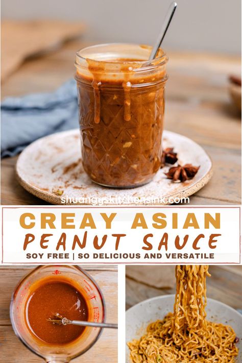 This Asian peanut sauce is incredibly easy to make and so delicious. It is versatile and can be used for a variety of dishes. It provides lots of extra flavor and depth to stir-fries, noodles, protein, salads, and more.It is made with peanut butter, coconut aminos (soy sauce alternative), and can be customized with additional ingredients such as garlic, ginger, chili oil, and sesame oil. Soy Free Peanut Sauce, Protein Salads, Asian Peanut Sauce, Clear Noodles, Soy Sauce Alternative, Coconut Aminos, Peanut Butter Sauce, Paleo Life, Supper Ideas