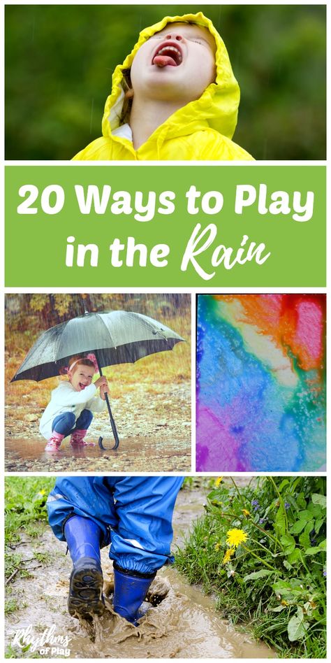 This collection of 30 weather and printable activities for kids will help you teach your children about all kinds of weather! 1000 Hours Outside, Play In The Rain, Rainy Day Activities For Kids, Forest School Activities, Rainy Day Fun, Nature School, Raining Outside, Outdoor Education, Gross Motor Activities