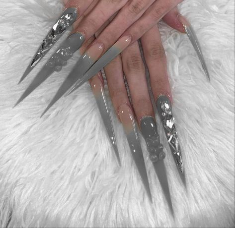 Grey Stilletto Nails, Extremely Long Acrylic Nails, Simple Xxl Acrylic Nails, Stelltos Nails, Gray Stiletto Nails, Grey Stiletto Nails, Xxl Nail Designs, Long Acrylic Nails Stiletto, Xxl Stiletto Nails