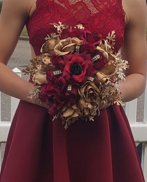 Black Gold And Burgundy Wedding Bouquets, Burgundy And Gold Flowers, Burgundy Gold Bouquet, Red And Gold Wedding Bouquet, Red And Gold Flower Bouquet, Wedding Bouquets Red, Homecoming Bouquet, Gold Bridal Bouquet, Avengers Wedding