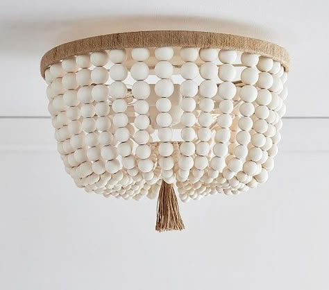 A gorgeous collection of stylish flush mount light fixtures. The collection focuses on scallop, star, bead, and industrial pieces. Kattokruunu Diy, Dahlia Chandelier, Bead Chandelier, Wood Bead Chandelier, Diy Lampe, Farmhouse Light Fixtures, Diy Chandelier, White Chandelier, Beaded Chandelier