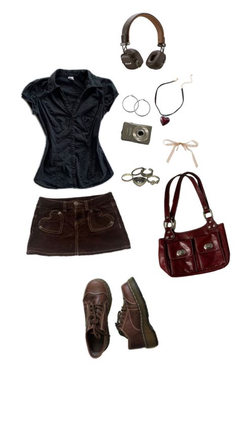 doc martens, leather, handbag, miniskirt, button up shirt, headphones, camera, jewellery, outfit inspo, autumn, fall, gilmore girls, coquette, dark coquette Miniskirt Outfits Club, Fall Gilmore, Jewellery Outfit, Coquette Dark, Dark Coquette, Miniskirt Outfits, Downtown Girl, Girl Fits, Fall Fits