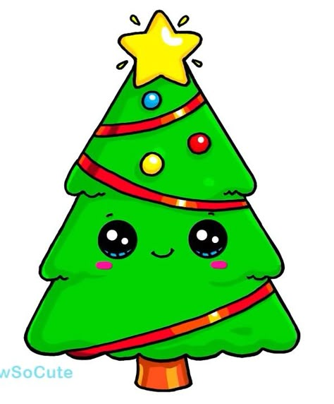 Christmas Tree Doodles Kawaii, Easy Christmas Drawings, Christmas Tree Drawing, Christmas Drawings, Drawing Christmas, Arte Do Kawaii, Images Kawaii, Kawaii Christmas, Gift Drawing