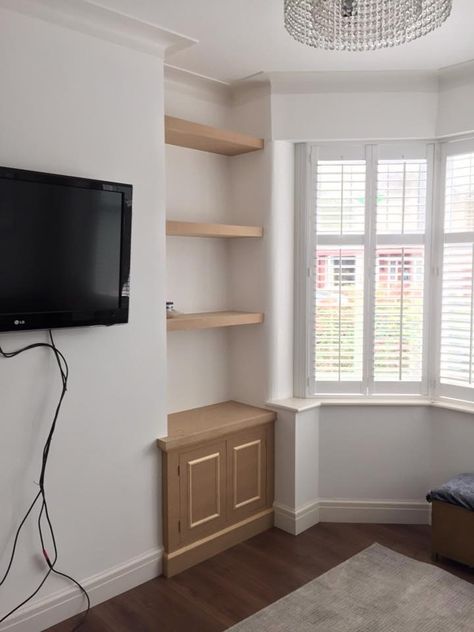 MDF alcove cupboard with floating shelves | Harrison Fine Woodwork | Lee Harrison Bedroom Alcove Ideas, Alcove Ideas Living Room, Alcove Ideas, Cleaning Cupboard, Alcove Cupboards, Alcove Shelving, Diy Cupboards, Lounge Ideas, Wood Burner