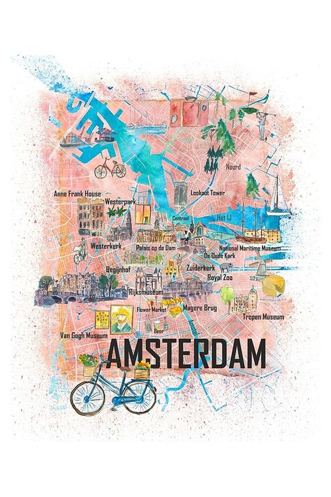 "Amsterdam Netherlands Illustrated Map with Main Roads Landmarks and Highlights" by artshop77 | Redbubble Map Art Illustration, Wand Tattoos, Amsterdam Poster, Amsterdam Map, Italy Capri, Wand Tattoo, Yacht Week, Amsterdam Art, Souvenir Art