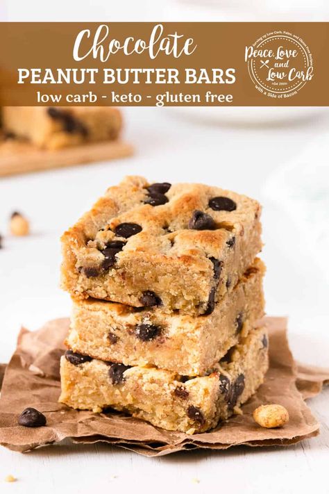 Keto Peanut Butter Chocolate Chip Bars, Keto Peanut Butter Chocolate Chip Cookie, Keto Chocolate Chip Cookie Bars, Vshred Recipes, Keto Peanut Butter Bars, Keto Peanut Butter Brownies, Thm Cake, Chocolate Peanut Butter Bars, Peace Love And Low Carb