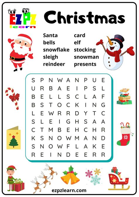 Kid's Christmas Word Search - Ezpzlearn.com Christmas Crosswords, Christmas Crossword, Ingles Kids, Easy Word Search, Holiday Worksheets, Christmas Word Search, Christmas Lesson, English Christmas, Winter Words