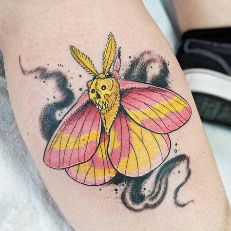 Rosey Maple Moth Tattoos, 60s Tattoo, Rosy Maple Moth Tattoo Design, Rosy Maple Moth Tattoo, Coloured Moth Tattoo, Rosie Maple Moth Tattoo, Rosy Maple Moth Art, Rosy Maple Moth Aesthetic, Pink And Yellow Moth Tattoo