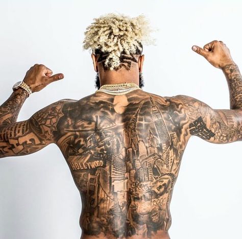 Obj Back Tattoo, Athletes Tattoos, Obj Tattoos, Athlete Tattoos, Odell Beckham Jr Tattoos, Odell Beckham Jr Haircut, Odell Beckham Jr Wallpapers, Rib Tattoos For Guys, Black Men Tattoos