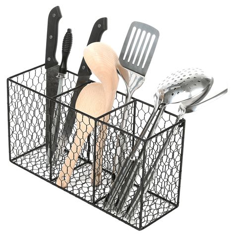 3 Compartment Rustic Chicken Wire Kitchen Utensil Holder Basket Pantry Storage Rack Black * Details can be found by clicking on the image.-It is an affiliate link to Amazon. #kitchenutensils Chicken Wire Kitchen, Rustic Utensil Holder, Basket Pantry, Rustic Chicken, Kitchen Utensil Storage, Flatware Holder, Flatware Caddy, Chicken Kitchen, Space Saving Kitchen