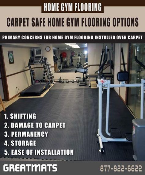 Carpet Safe Home Gym Flooring Options infographic Flooring Over Carpet, Home Gym Bedroom, Basement Home Gym, Basement Gym Ideas, Home Gym Basement, Building A Home Gym, Home Gym Ideas, Home Gym Flooring, Gym Floor