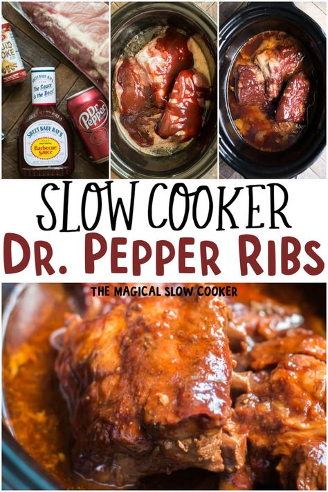 Slow Cooker Dr. Pepper Ribs - The Magical Slow Cooker #ribs #drpepper #drpepperribs #crockpot #slowcooker #pork Slow Cooker Dr Pepper Bbq Ribs, Ribs With Dr Pepper Crock Pot, Dr Pepper Short Ribs Crock Pot, Crockpot Ribs With Dr Pepper, Dr Pepper Ribs Crockpot, Dr Pepper Bbq Ribs, Dr Pepper Ribs, Ribs Easy, Crockpot Ribs