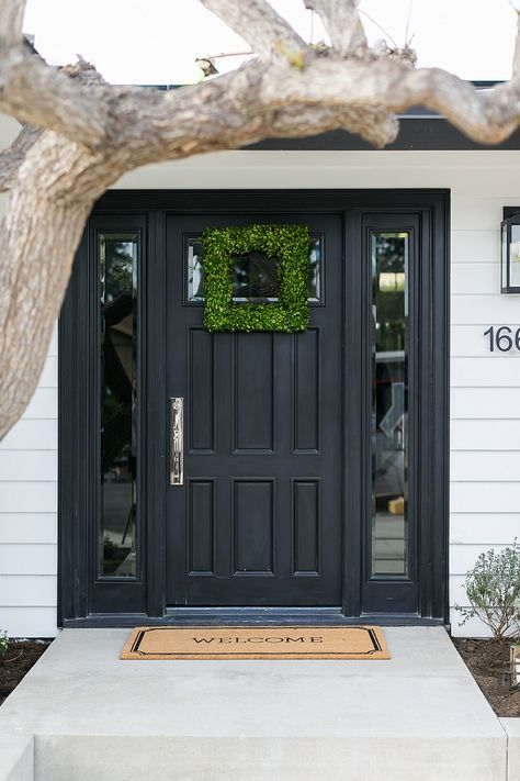 Paint color is Sherwin Williams SW 6258 Tricorn Black. Tricorn Black Front Door, Black Paint Colors, Tricorn Black, Black Front Door, Black Paint Color, Door Paint, Black Front Doors, Garage Door Design, Painted Front Doors