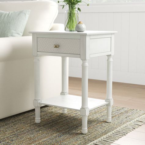 White Side Table, Coastal White, End Table With Storage, White Side Tables, Coastal Living Room, Table With Storage, End Tables With Storage, Metal Drawers, Modern Farmhouse Style