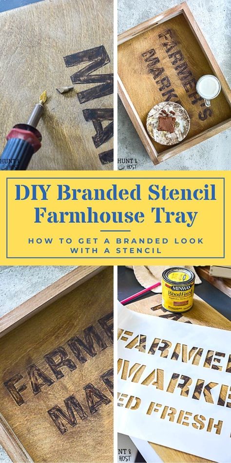 Branded Stencil Farmhouse Tray - Salvaged Living Tiered Stand Diy, Stand Diy Ideas, Thrift Store Jewelry, Before And After Home Decor, Dollar Store Decorating, Minwax Wood Stain, Harp Design Co, Primitive French Country, Prairie Style Home