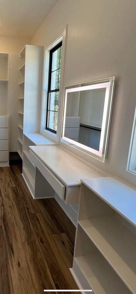 Walk In Closet With Makeup Vanity, Vanity In Master Closet, Built In Vanity In Closet, Master Closet With Vanity, Built In Vanity In Bedroom, Walk In Closet Ideas With Vanity, Closet With Vanity, Vanity In Bedroom, Vanity Inspo