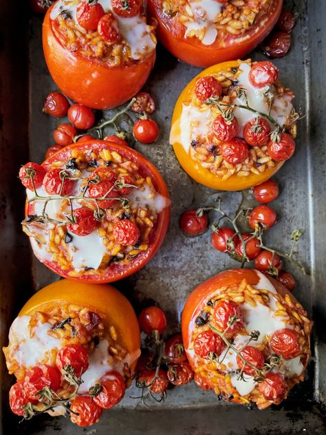 arborio stuffed tomatoes with olives and herbs Susan Spungen, Calabrian Chili Paste, Stuffed Tomatoes, Olive Recipes, Beefsteak Tomato, Dried Thyme, Olive Relish, Hot Pockets, Black Olives