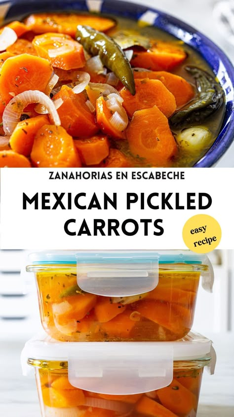 These Mexican pickled carrots or zanahorias en escabeche are the perfect side for tacos, quesadillas, and enchiladas. The recipe is super easy to make at home with just a few ingredients. #receta #easymexicanrecipe Mexican Style Hot Pickled Carrots, Hot Pickled Carrots, Pickled Carrots And Onions, Mexican Pickled Jalapeños And Carrots, Pickled Shredded Carrots, Pickled Radishes Recipe, Hot Carrots Mexican, Pickles Carrots Recipe, Pickled Carrots And Jalapenos