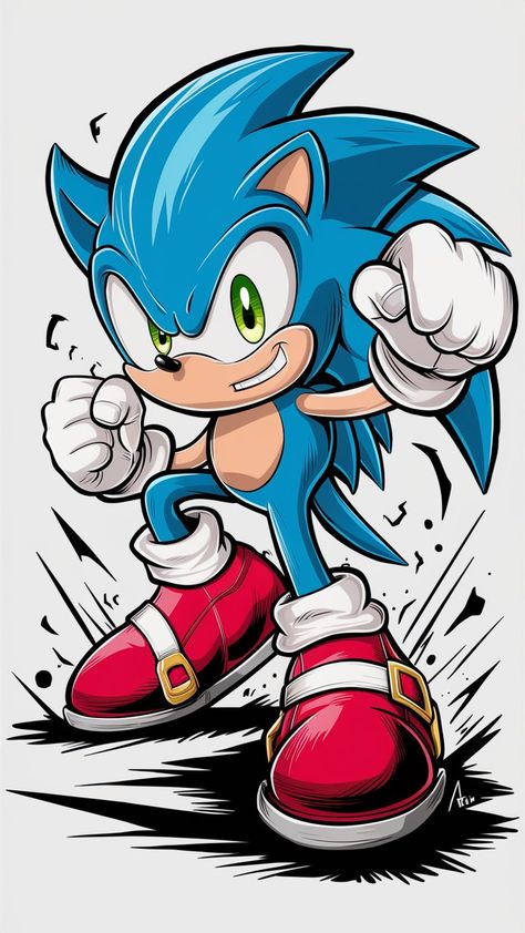 A vibrant cartoon-style illustration of Sonic the Hedgehog in full action mode. Sonic stands confidently with his signature smirk, ready for adventure, with bright red shoes and his iconic blue spikes. The dynamic black streaks behind him enhance the sense of speed and movement, capturing Sonic's electric energy and determination in every detail Sonic Rings Wallpaper, Sonic The Hedgehog Design, Hyper Sonic Wallpaper, Sonic Illustration, Sonic The Hedgehog Icons, Chibi Sonic, Sonic Crossover, Sonic Wallpaper, Sonic Drawing