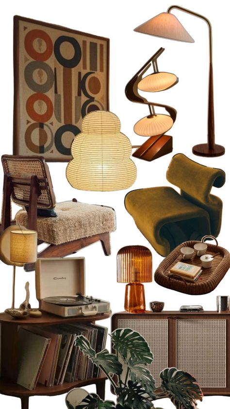 Brown Retro Living Room, 70s Inspired Decor Modern, Living Room Inspiration Maximalism, Cottage Core Mid Century Modern, Mid Century Modern Fall Decor, Mid Century Modern Decor Accessories, 70s Lounge Room, Green And Rust Living Room, 70s Apartment Aesthetic