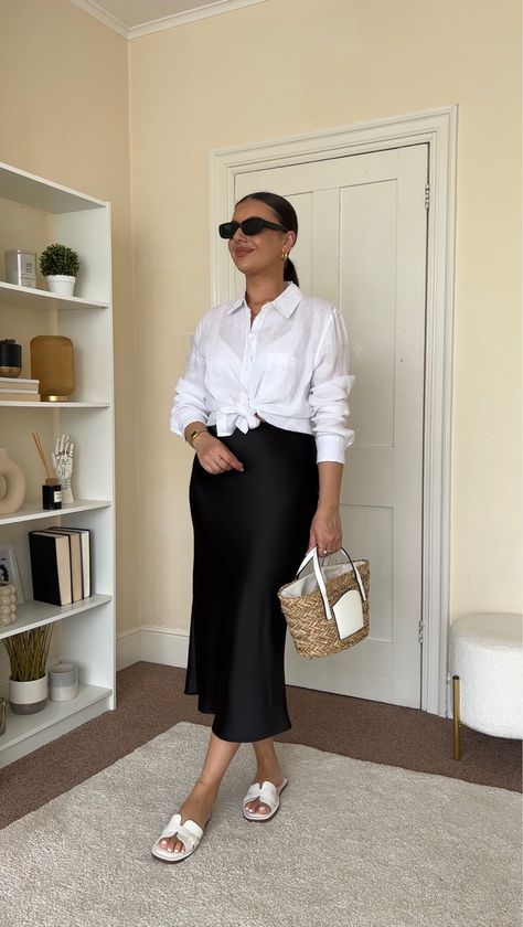 Linen Shirt Over Dress Outfit, Satin Skirt Button Down Shirt, Satin Dress As Skirt, Shirts With Skirts Outfit, Satin Skirt And Shirt Outfit, Black Shirt Summer Outfit, Long Dress With Shirt Over Outfit, White Shirt And Dress Outfit, Black Shirt Dress Outfit Classy