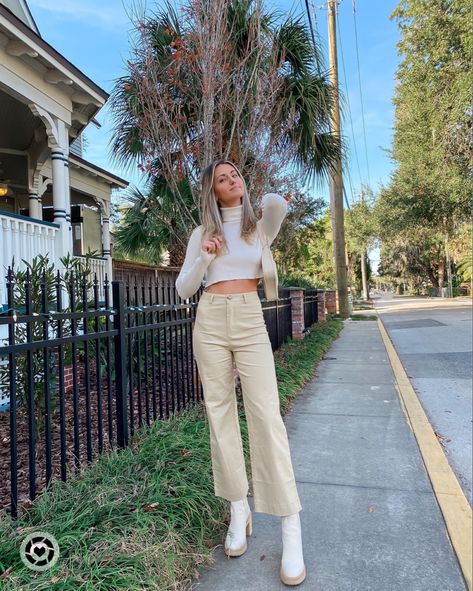 White Dolce Vita Boots Outfit, White Corduroy Pants Outfit Winter, Outfits With White Corduroy Pants, Cream Corduroy Pants Outfit, White Courderoy Pants Outfit, White Turtleneck Sweater Outfit, Dolce Vita Boots Outfit, White Corduroy Pants Outfit, Monochromatic Outfit Casual