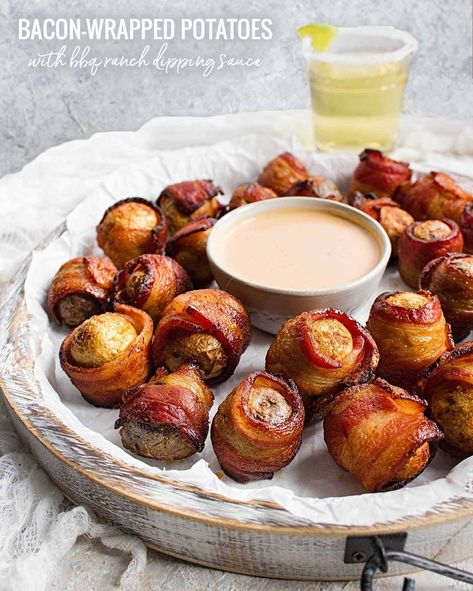 Bacon Wrapped Hors D’oeuvres, Potatoes Wrapped In Bacon, Bacon Wrapped Mini Potatoes, Potato Wrapped In Bacon, Bacon Wrap Potatoes, Bacon Wrapped Potatoes Baked, Bacon Wrapped Potato Bites, Potato Roses Wrapped In Bacon, Potato And Bacon Recipes