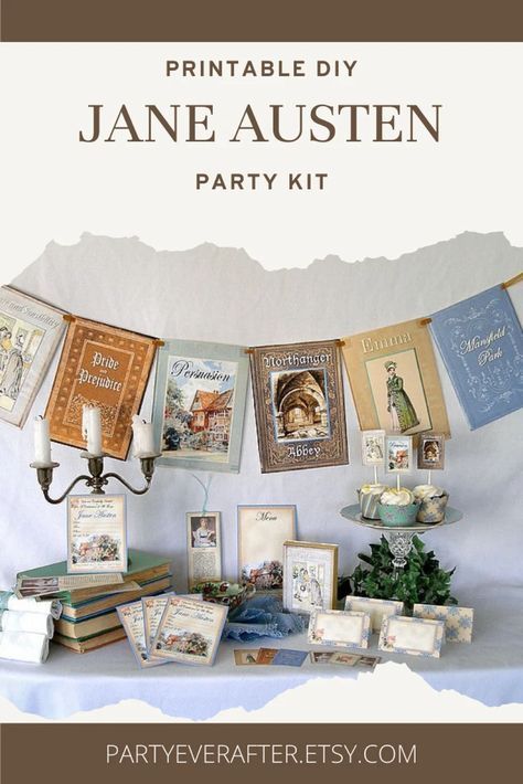 Jane Austen Crafts Diy, Bookish Tea Party, Jane Austen Decorations, Jane Austin Party Ideas, Literary Birthday Party Ideas, Jane Austen Party Decorations, Pride And Prejudice Themed Party, Jane Austen Bachelorette Party, Pride And Prejudice Party Decorations