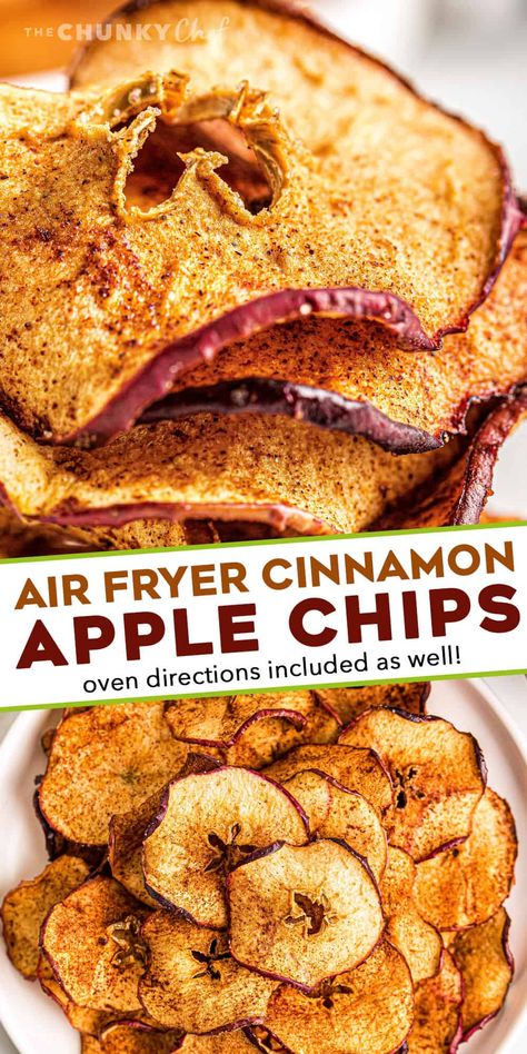 These Cinnamon Apple Chips are a healthy and delicious snack, made easily in the air fryer! Great way to use Fall apples, and this recipe is a family favorite! #applechips #fall #airfryer Granny Smith Apple Air Fryer, Air Fry Apple Chips, What To Do With Fresh Picked Apples, What Can I Make With Green Apples, Recipes For Granny Smith Apples, What To Do With Granny Smith Apples, Recipes For Green Apples, Granny Smith Apple Recipes Healthy, What To Do With Green Apples